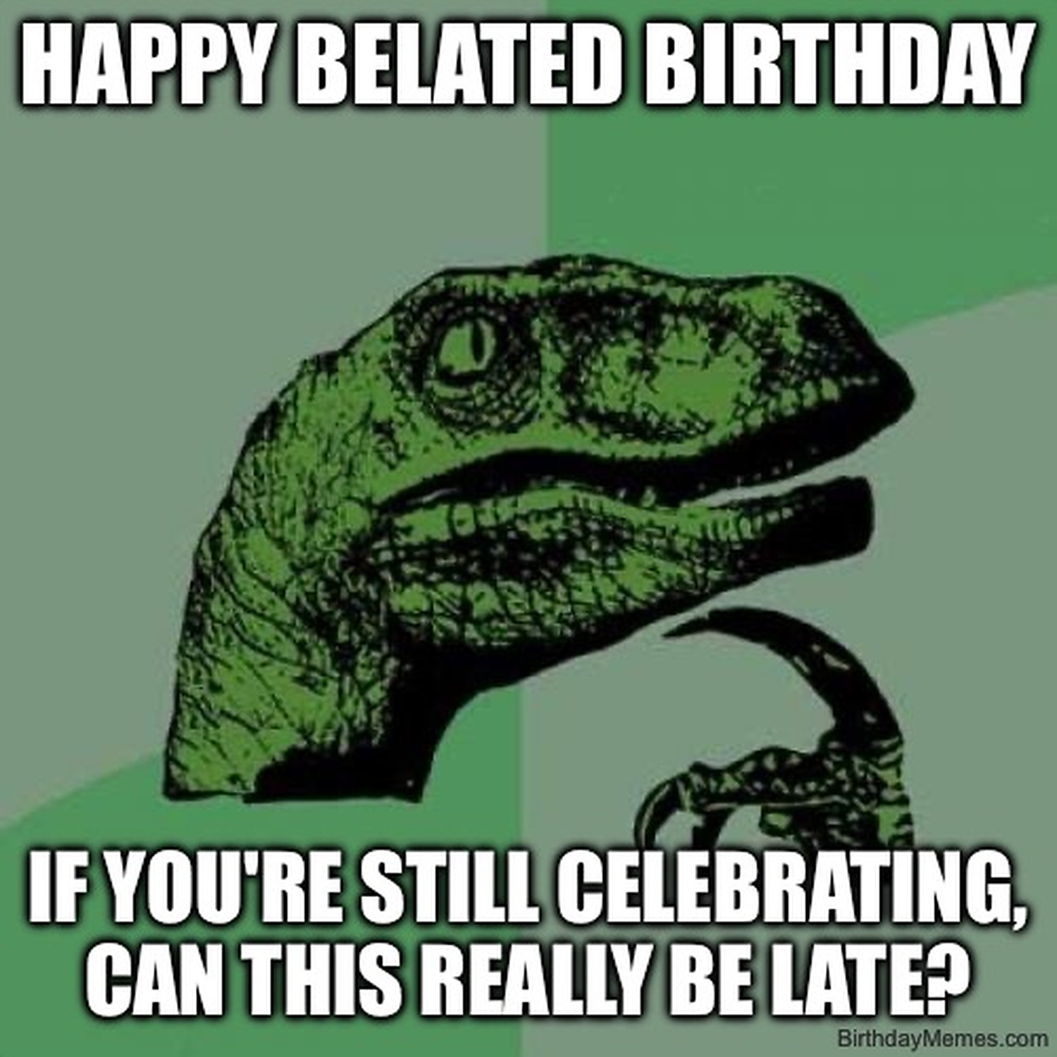 Classic Philosoraptor meme with text: 'Happy belated birthday. If you're still celebrating, can this really be late?'
