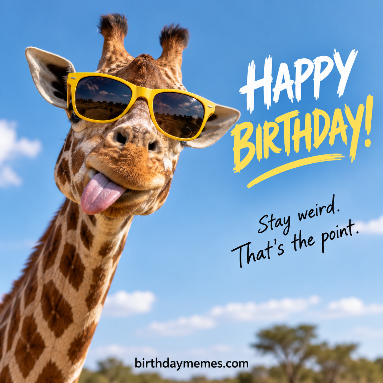 A giraffe wearing yellow sunglasses sticks out its tongue with the words 'Happy Birthday! Stay weird. That's the point.'