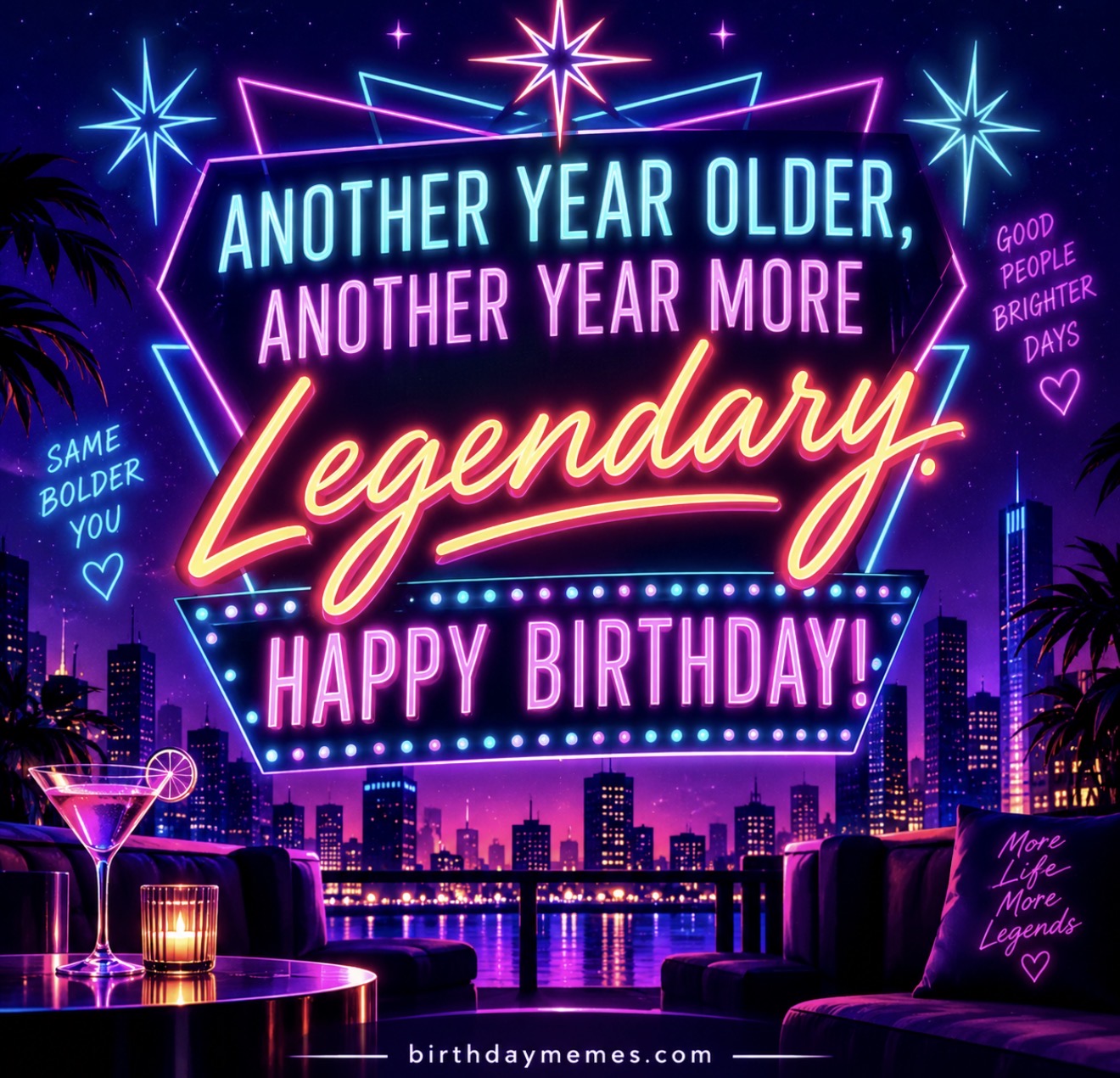 Neon city at night with 'Another year older, another year more legendary. Happy Birthday!' in glowing letters.