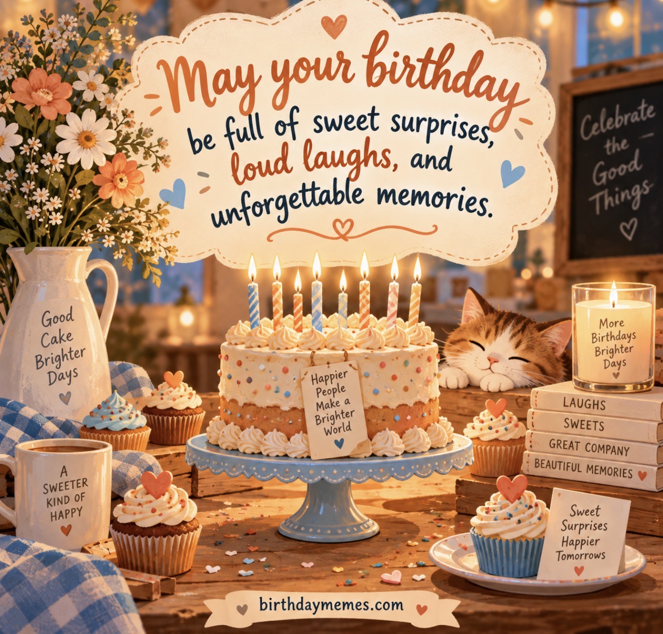 A birthday cake with candles, cupcakes, and a cat resting nearby; the text wishes sweet surprises, loud laughs, and memories.